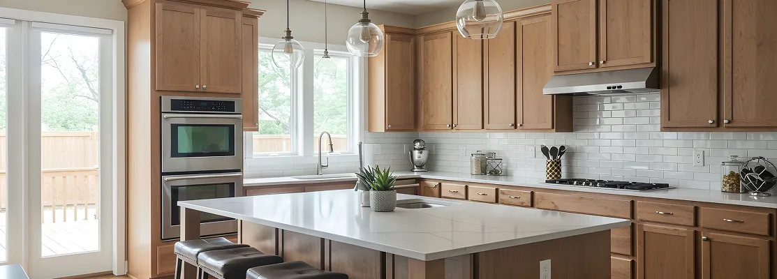 Spacious modern kitchen with white cabinetry, large marble island, farmhouse sink, and natural wood accents
