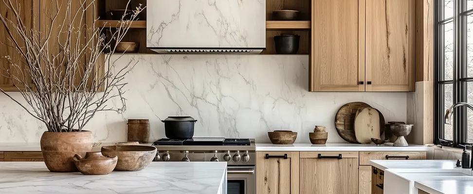 Luxury kitchen with light oak cabinets, marble backsplash, natural pottery decor, and a farmhouse sink by the window