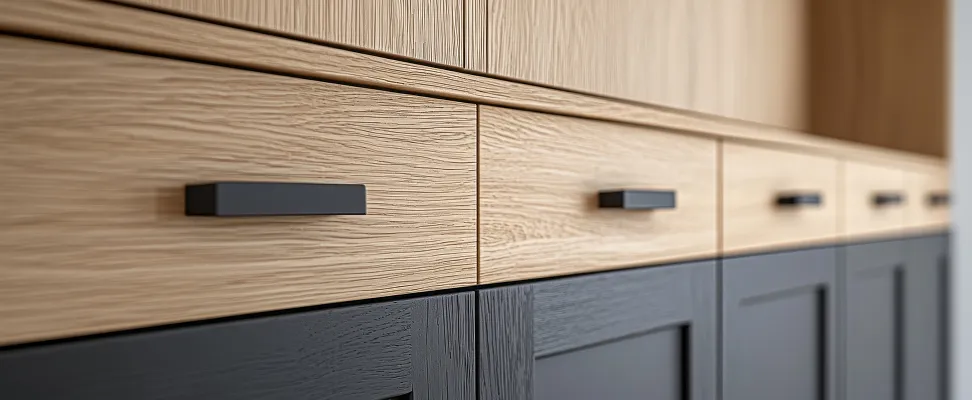 Close-up of custom cabinets with natural wood and dark matte finishes, featuring sleek black handles and modern design