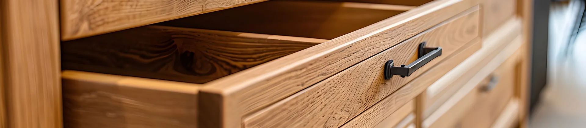 Close-up of an open wooden kitchen drawer with black metal handles, showcasing detailed grain and fine craftsmanship